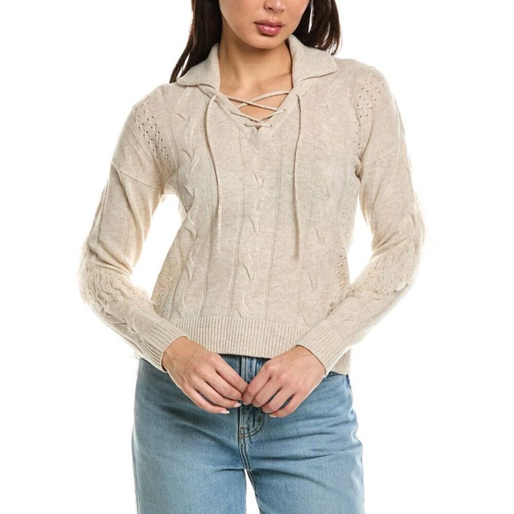 Brodie Cashmere Womens  Cable Fringe Wool & Cashmere-Blend Polo Sweater, Blue